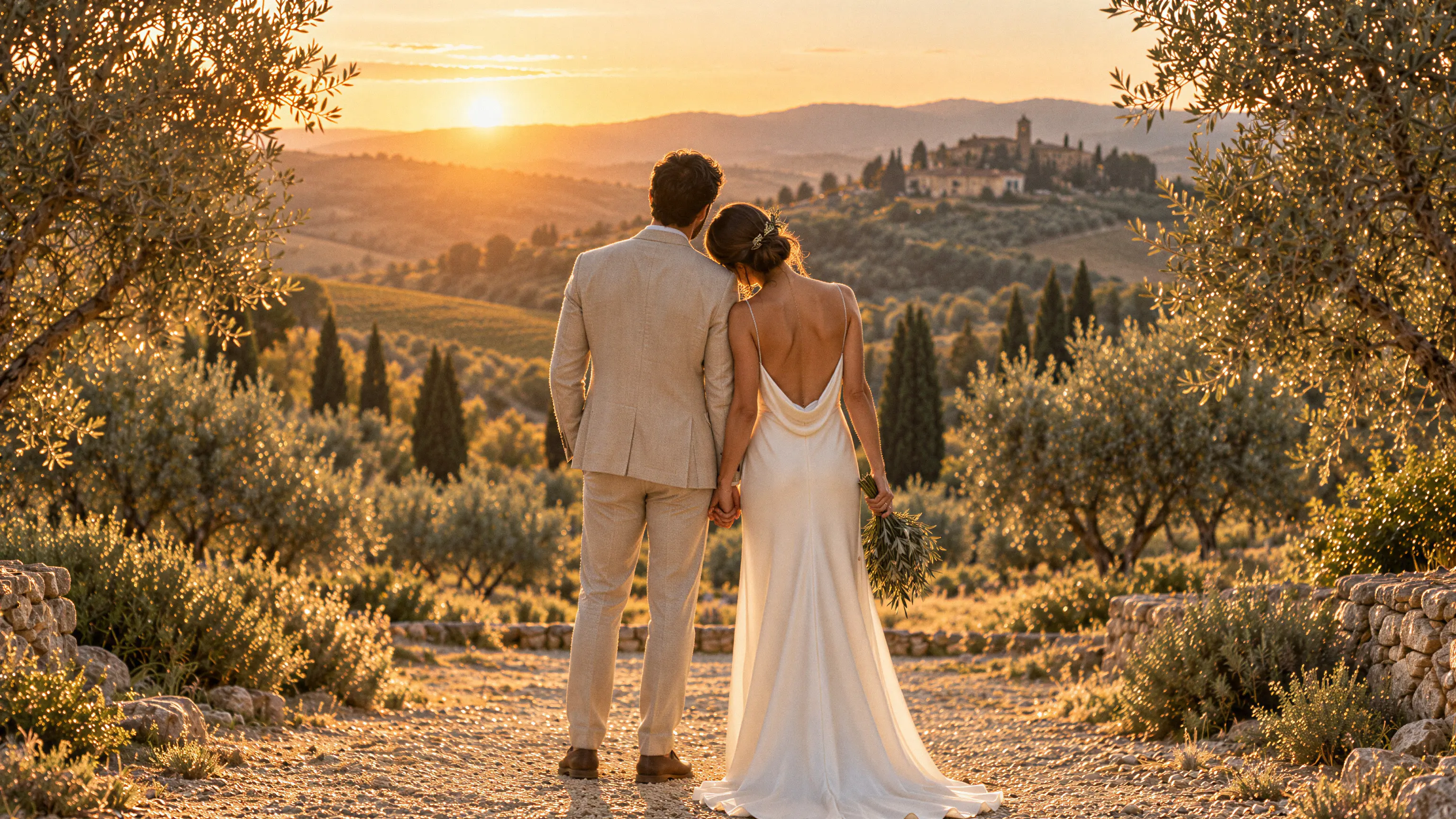 Livia and Theo seen from behind, looking out over the Tuscan hills at sunset.