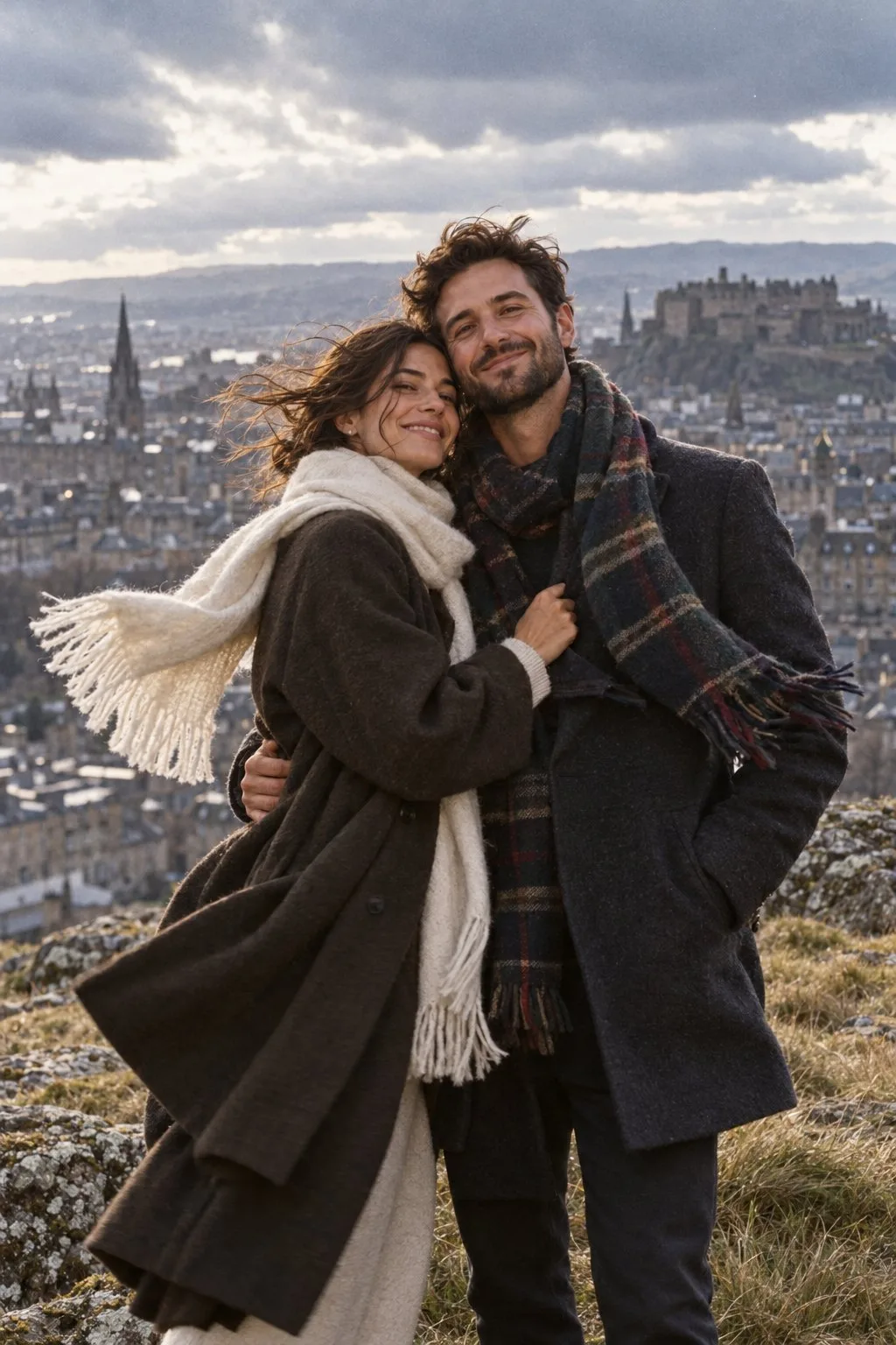 The couple in winter coats on a windy hill above a city.