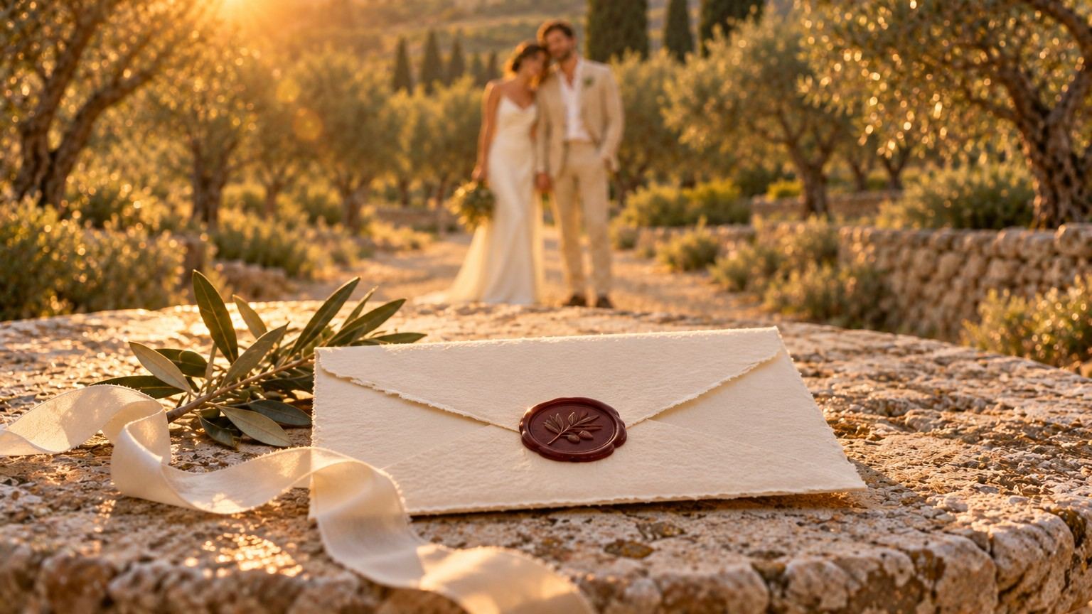 A sealed ivory envelope with a red wax seal on a stone table in an olive grove at sunset.