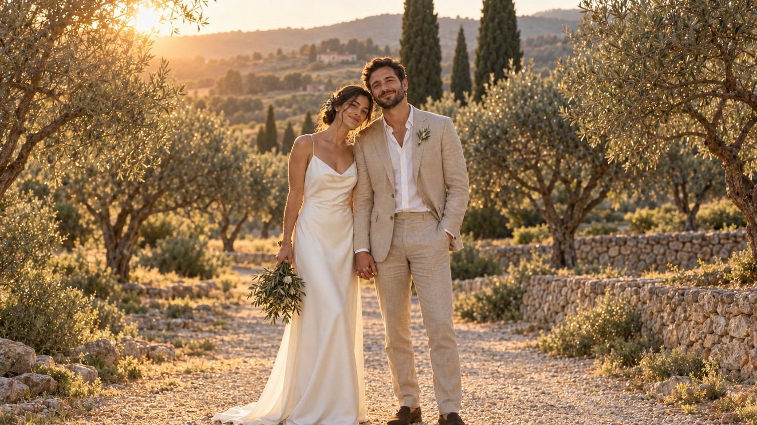 Livia and Theo standing hand in hand in an olive grove at golden hour.