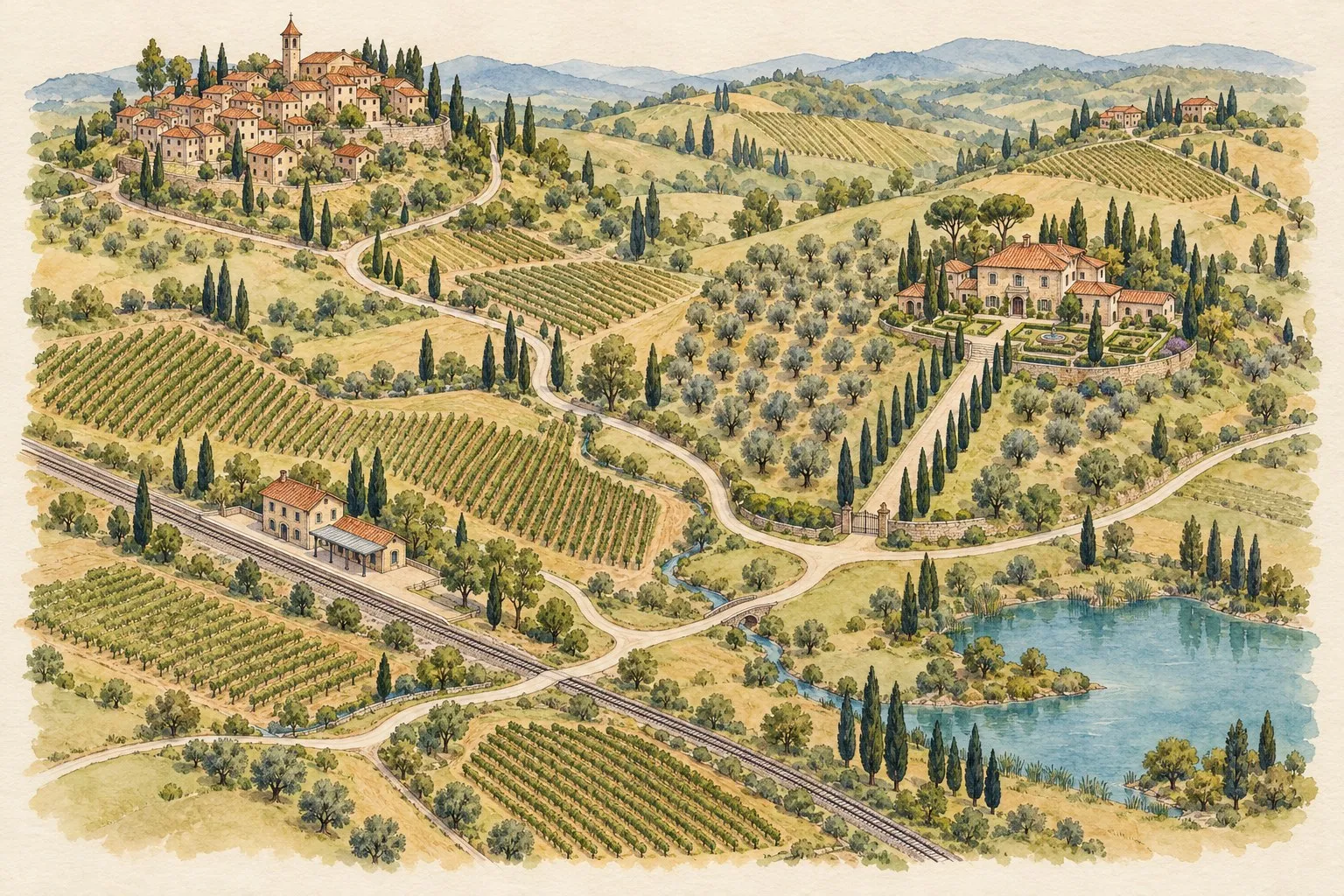 Illustrated map of the Valdoro hills with the village, the station and Villa Serena.