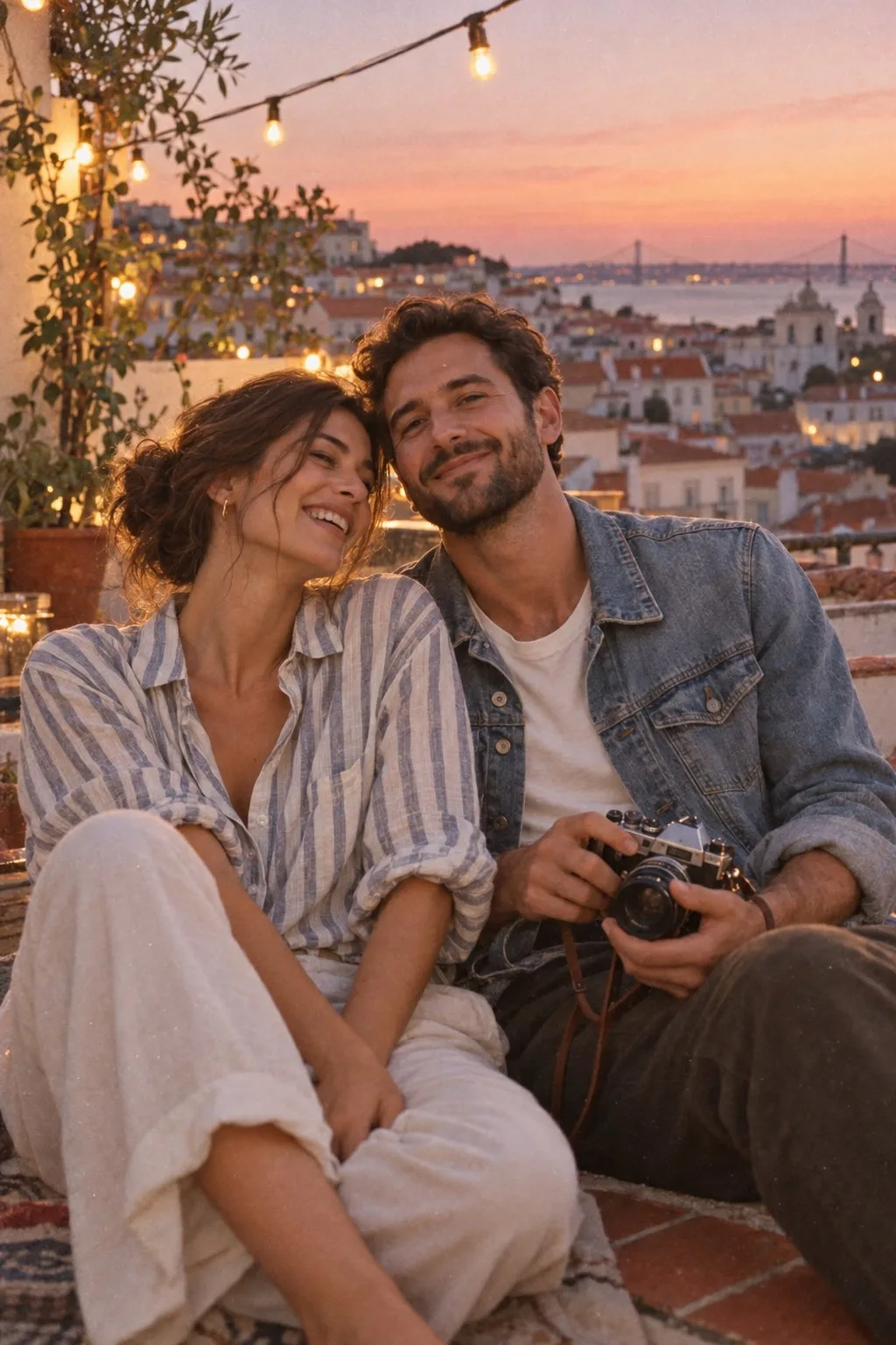 Livia and Theo laughing on a Lisbon rooftop at dusk.