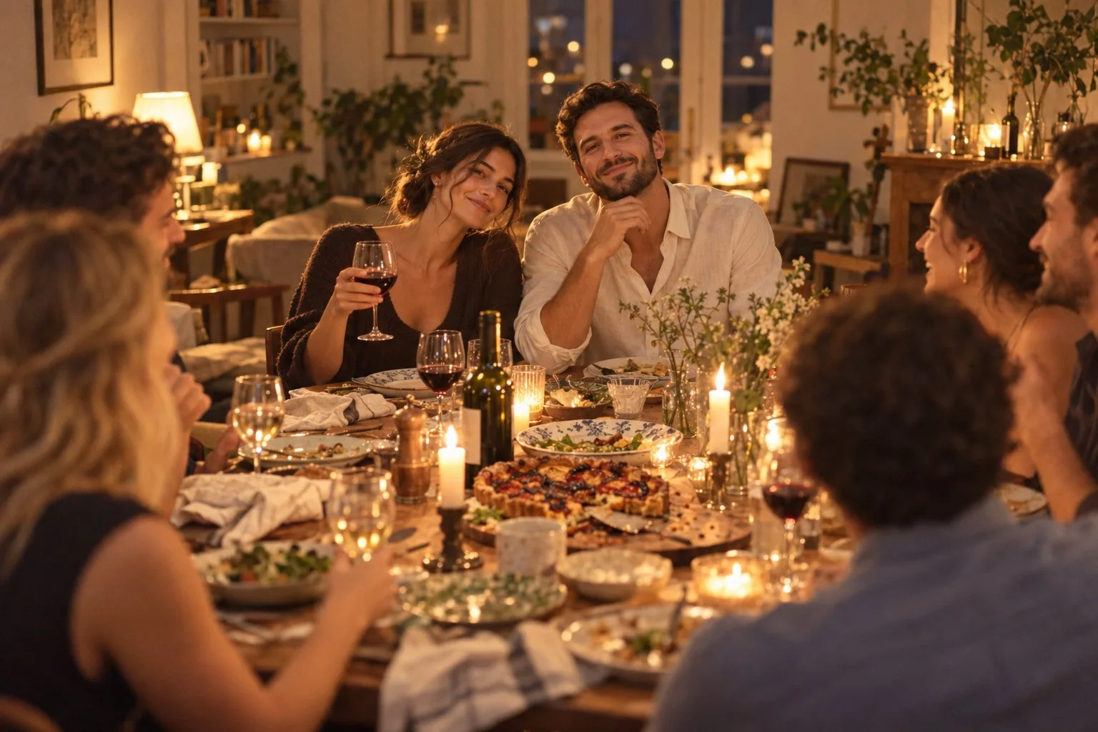 Friends around a long table in a small flat.