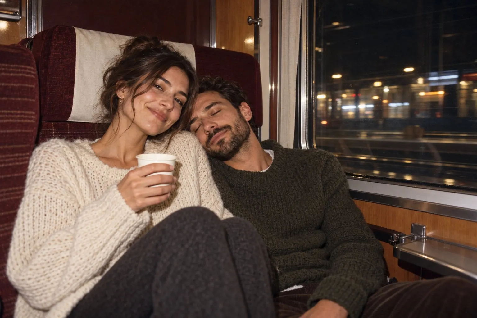 Theo asleep on Livia's shoulder by a night train window.
